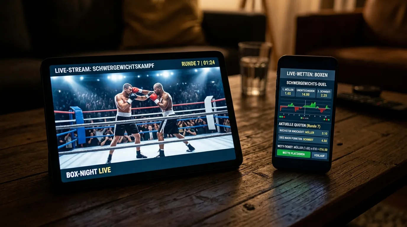 DAZN-Stream auf Tablet neben Sportwetten-App mit Live-Boxquoten auf dem Smartphone beim Kampfabend