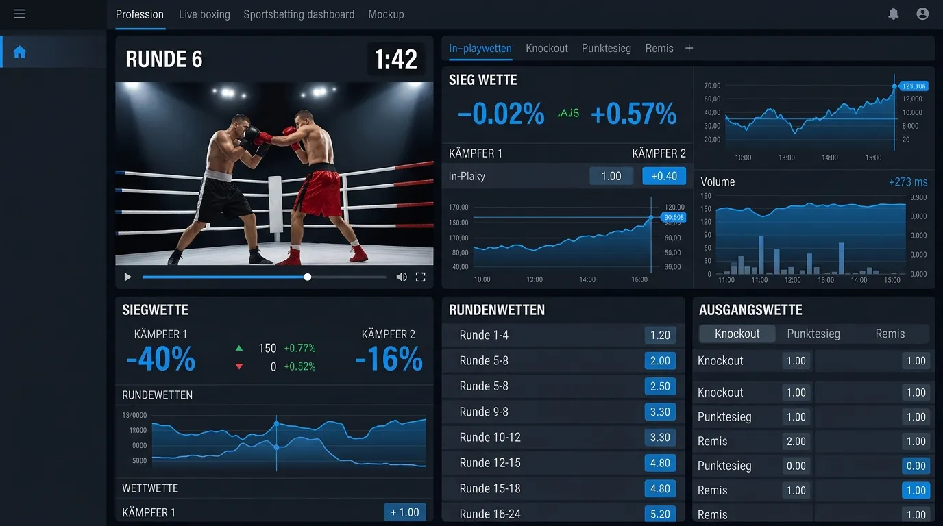 Echtzeit-Inplay-Quoten bei einem Boxkampf mit aktualisierter Siegwette und Über/Unter-Märkten