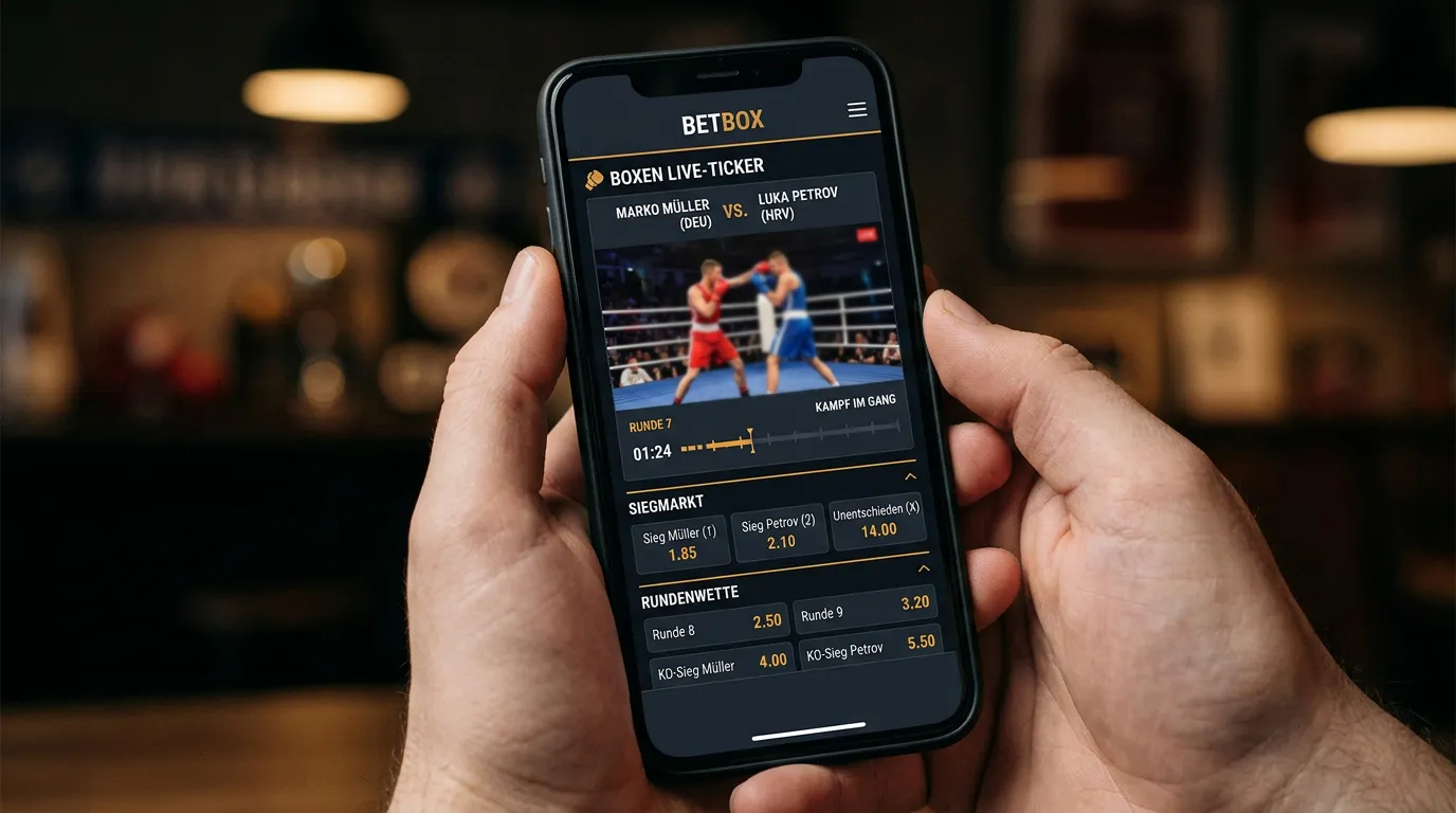 Sportwetten-App auf dem Smartphone mit Live-Boxwetten und Inplay-Quoten für den Kampfabend