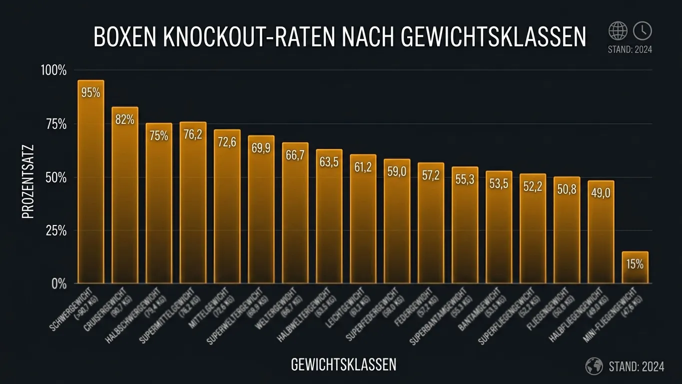 Grafik der KO-Raten nach Gewichtsklasse im Profiboxen mit Schwergewicht, Mittelgewicht und Leichtgewicht
