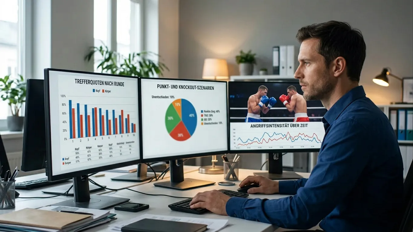 Analyse-Dashboard mit Boxstatistiken wie Punch-Landing-Rate und KO-Wahrscheinlichkeit für Sportwetten