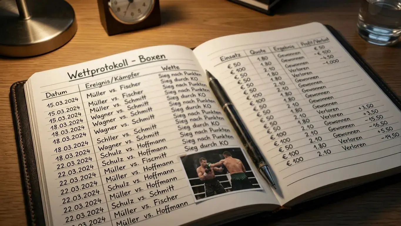 Wettprotokoll-Notizbuch mit handschriftlichen Boxwetten-Aufzeichnungen und Ergebnissen