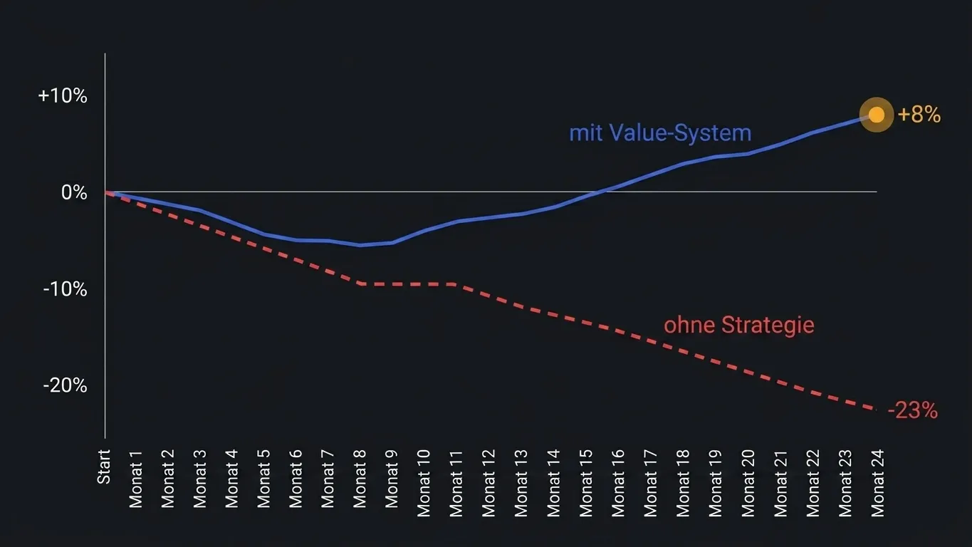 Diagramm: Value Betting Boxen - Renditeentwicklung mit und ohne systematische Wett-Strategie