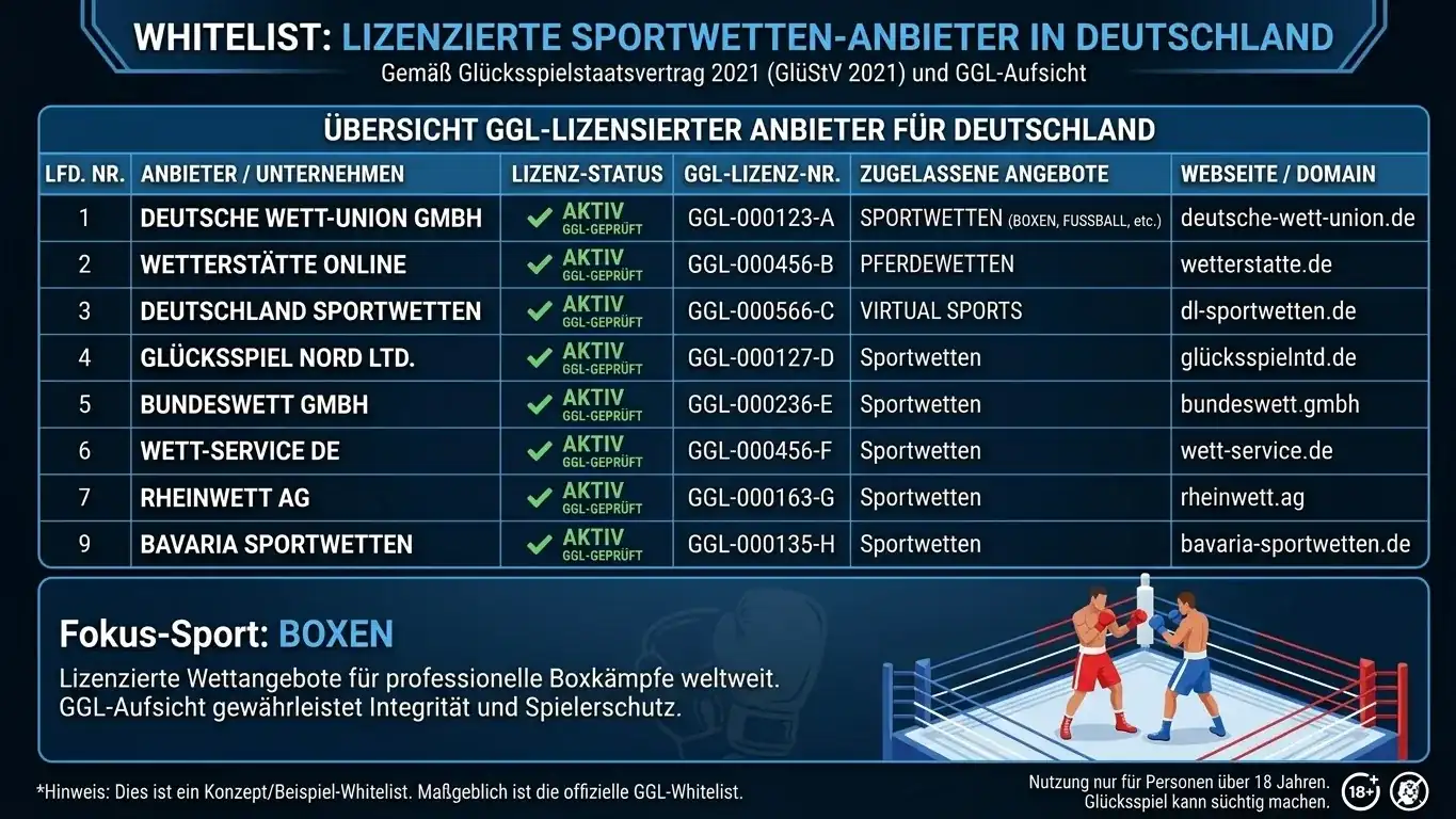 GGL-Whitelist 2026 mit lizenzierten Sportwetten-Anbietern in Deutschland für Boxwetten