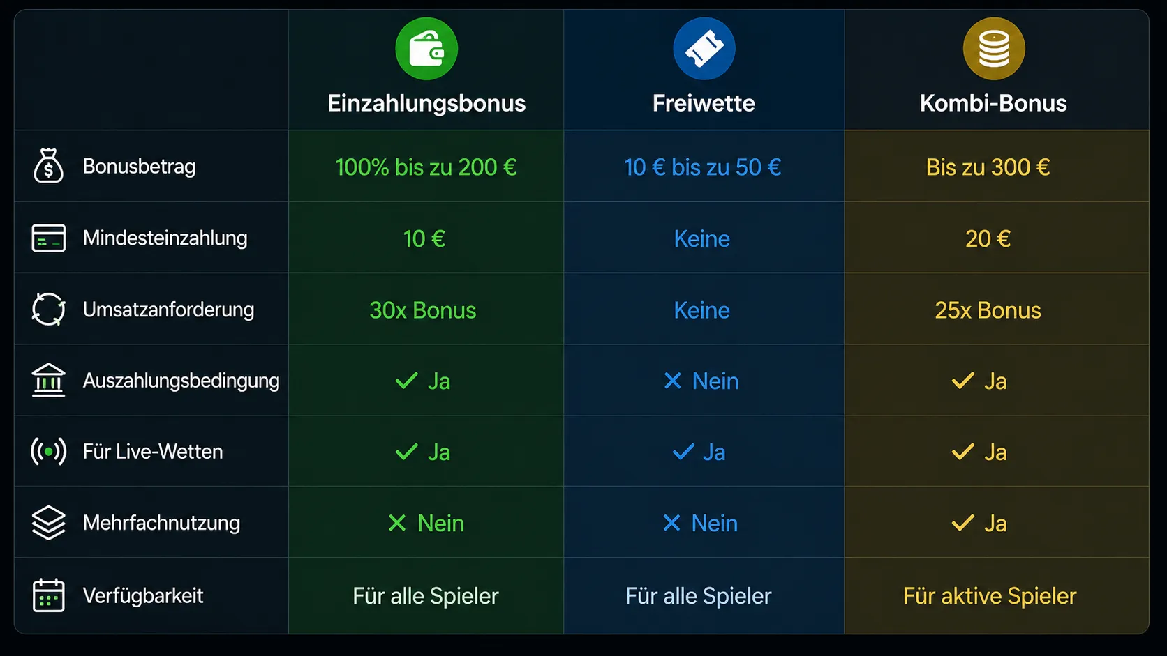 Drei Willkommensbonus-Typen beim Boxwetten im Vergleich - Einzahlungsbonus, Freiwette und kombinierter Bonus